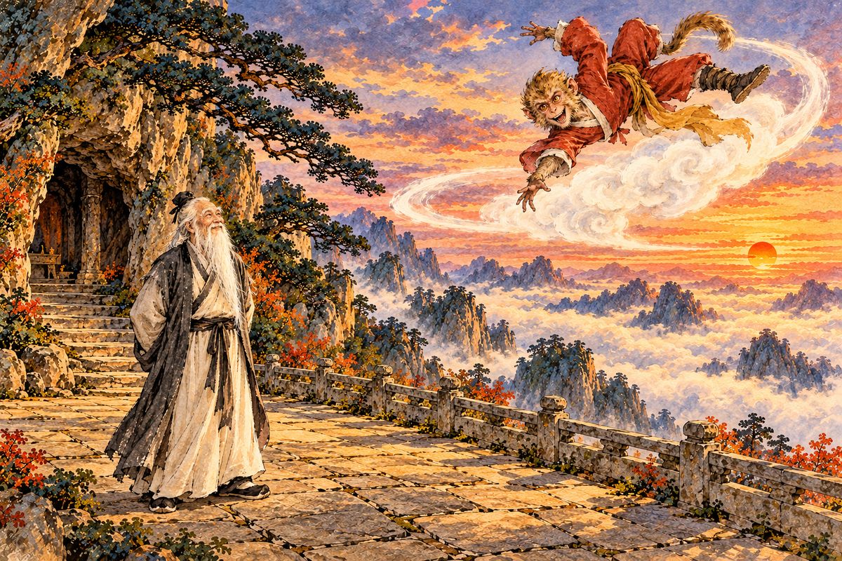 When Wukong's first flight covered barely three li, Subhuti called it cloud-crawling. Building on the monkey's own leaping style, he taught him the somersault cloud, which carried him one hundred and eight thousand li in a single bound.