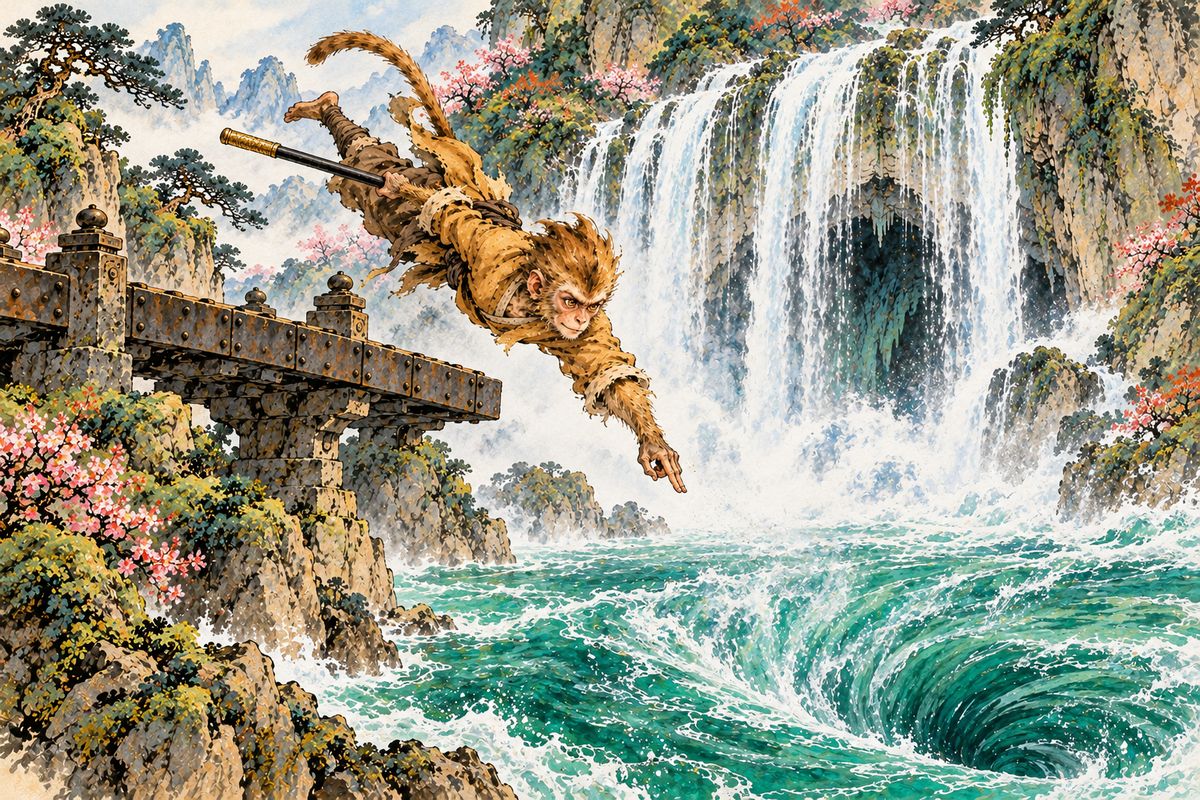 Monkey King Sun Wukong found his big captured sword too clumsy. His four old monkey advisers said the water under the Iron Plank Bridge led to the East Sea Dragon Palace, so he used a water-parting spell and dived straight in.