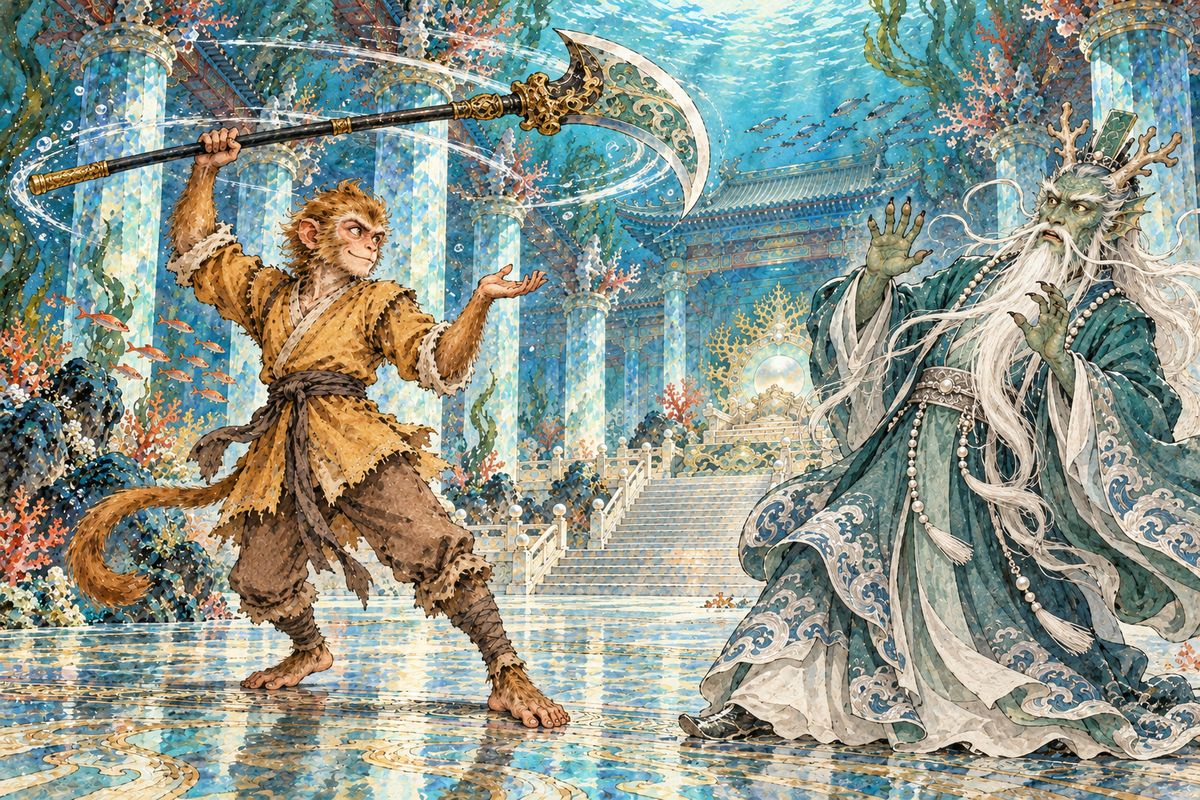 Dragon King Ao Guang welcomed his new neighbor and offered weapons. Wukong refused a broadsword, swung a heavy nine-pronged fork, then tried an even heavier painted halberd. He called each one too light for his hand.