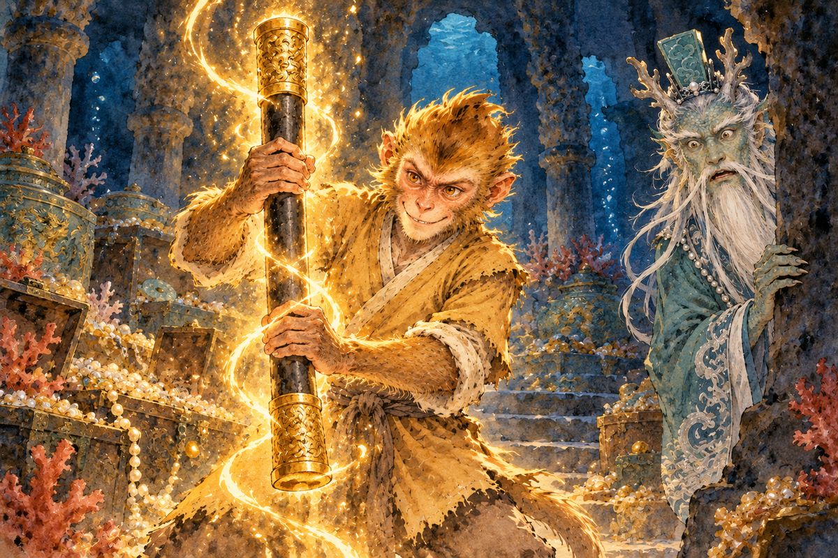The Dragon Queen remembered a glowing iron pillar that Yu the Great had used to measure the seas. In the sea treasury, it shrank at Wukong's command into the As-You-Will Gold-Banded Staff, a weapon of astonishing weight.