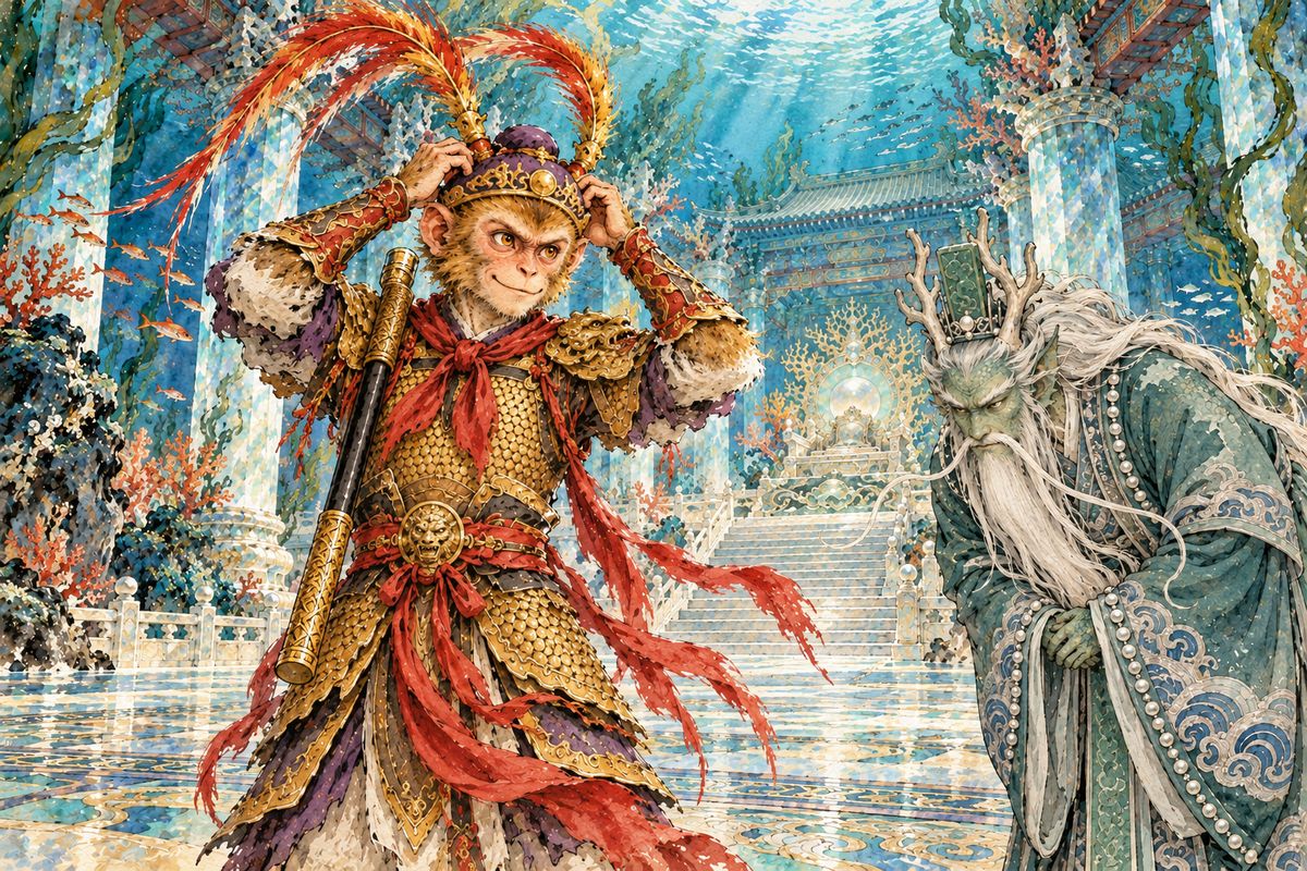Wukong then demanded armor. Fearing the staff, Ao Guang rang his bell and drum, and his three dragon brothers brought a phoenix-plumed golden cap, golden chain mail and cloud-walking boots. Wukong put them on and swung his way out.