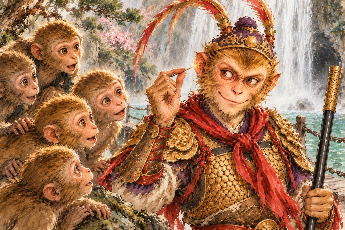 Back home, his monkeys could not even shift the staff. Wukong cried, “Small! Small! Small!” and it shrank to an embroidery needle that he hid inside his ear, to their amazement.