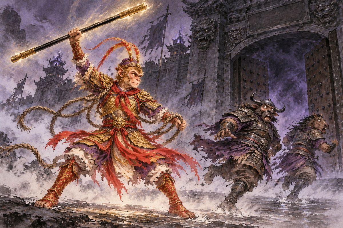 After a great feast, Wukong fell asleep, and two summoners roped his soul and dragged him to the gates of the Underworld. Saying he was beyond death, he pulled out his staff, struck them down and fought his way inside.