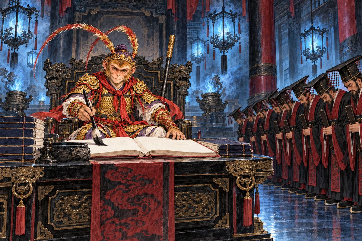 The Ten Kings bowed and brought the registers of life and death. Wukong found his own entry, lifespan 342 years, took a brush and crossed out his name and every monkey's name. Then he woke beneath a pine tree.