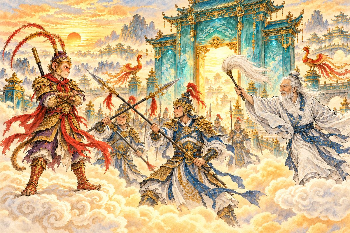 Gold Star Taibai led Wukong up to Heaven, but Wukong's somersault cloud left the old envoy far behind. At the Southern Heaven Gate, armored guards blocked Wukong with spears until Taibai arrived and announced the Jade Emperor's summons.