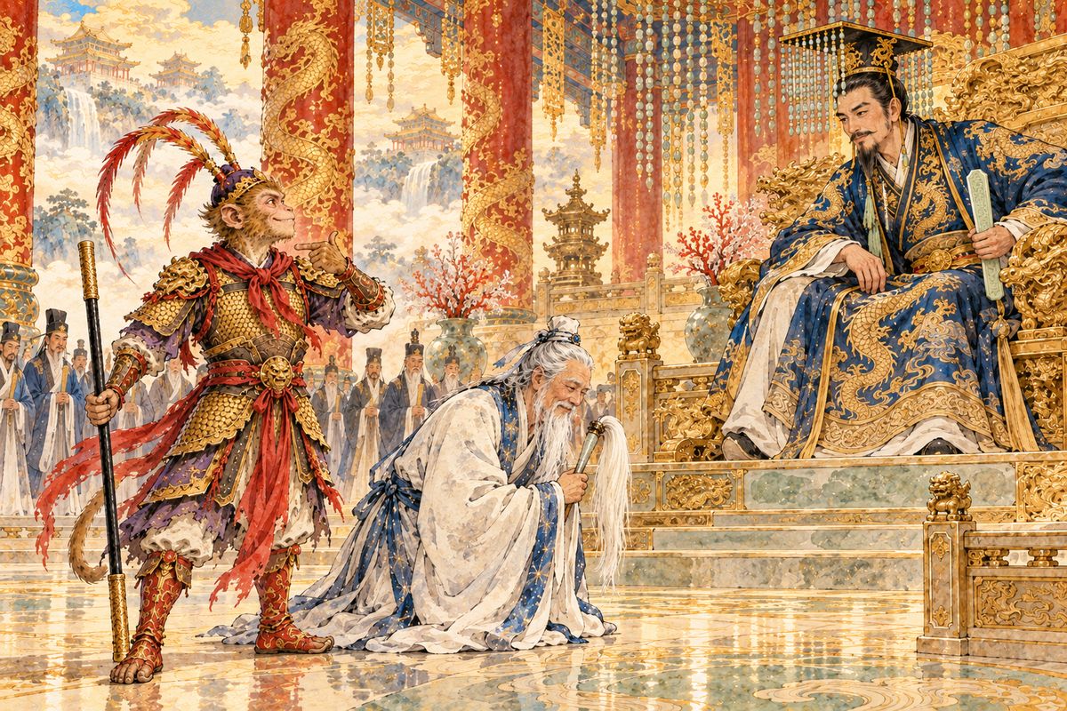 In the Hall of Divine Mists, Wukong refused to kneel and simply answered, "Old Monkey is me!" The courtiers gasped, but the Jade Emperor forgave the newcomer and made him Bimawen, Keeper of the Heavenly Horses.