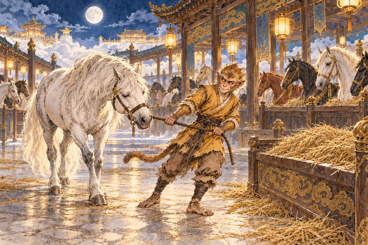 Wukong took up his post happily. He counted a thousand heavenly horses and tended them day and night, chasing sleepy ones up to eat and herding wanderers back to the troughs, until every horse grew sleek and strong.