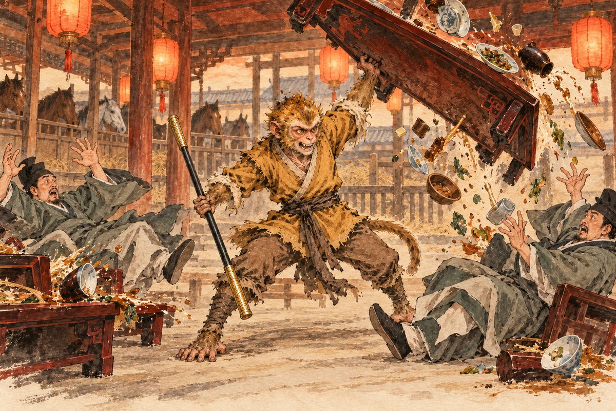 After half a month, the stable officials held a welcome feast. Wukong asked his rank and learned his post was the lowest in Heaven, fit only for minding horses. Furious, he overturned the table and fought his way out.