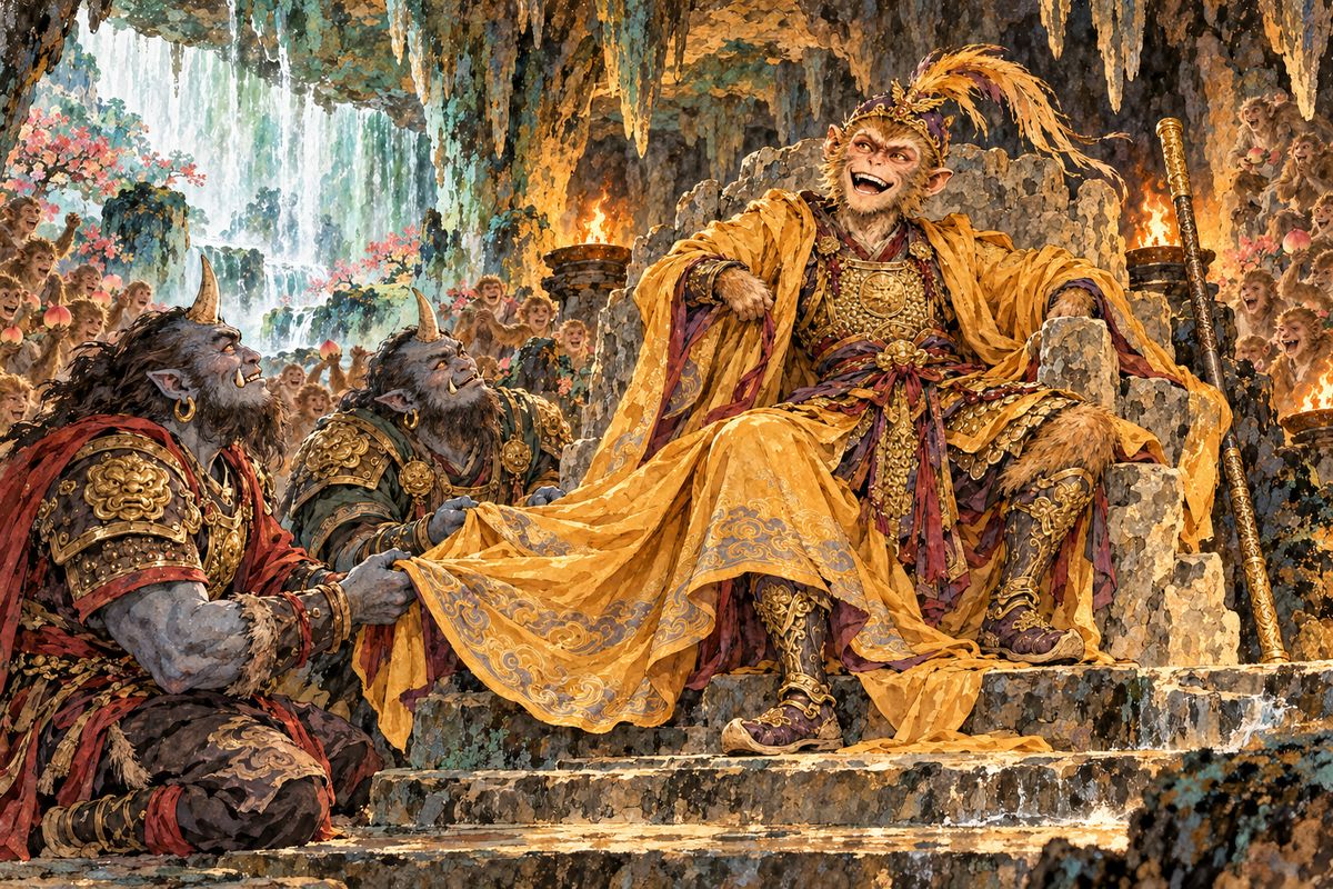 Back home, the monkeys explained that each day in Heaven was a year below. Two one-horned demon kings brought Wukong an ochre robe and urged him to call himself Great Sage Equal to Heaven. Delighted, he raised a banner.