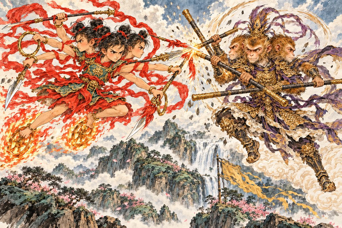 Heaven sent Heavenly King Li with an army. Wukong snapped the Mighty Spirit's axe handle, then matched Prince Nezha's three heads and six arms with his own, and a hair-clone trick let him strike Nezha's arm.