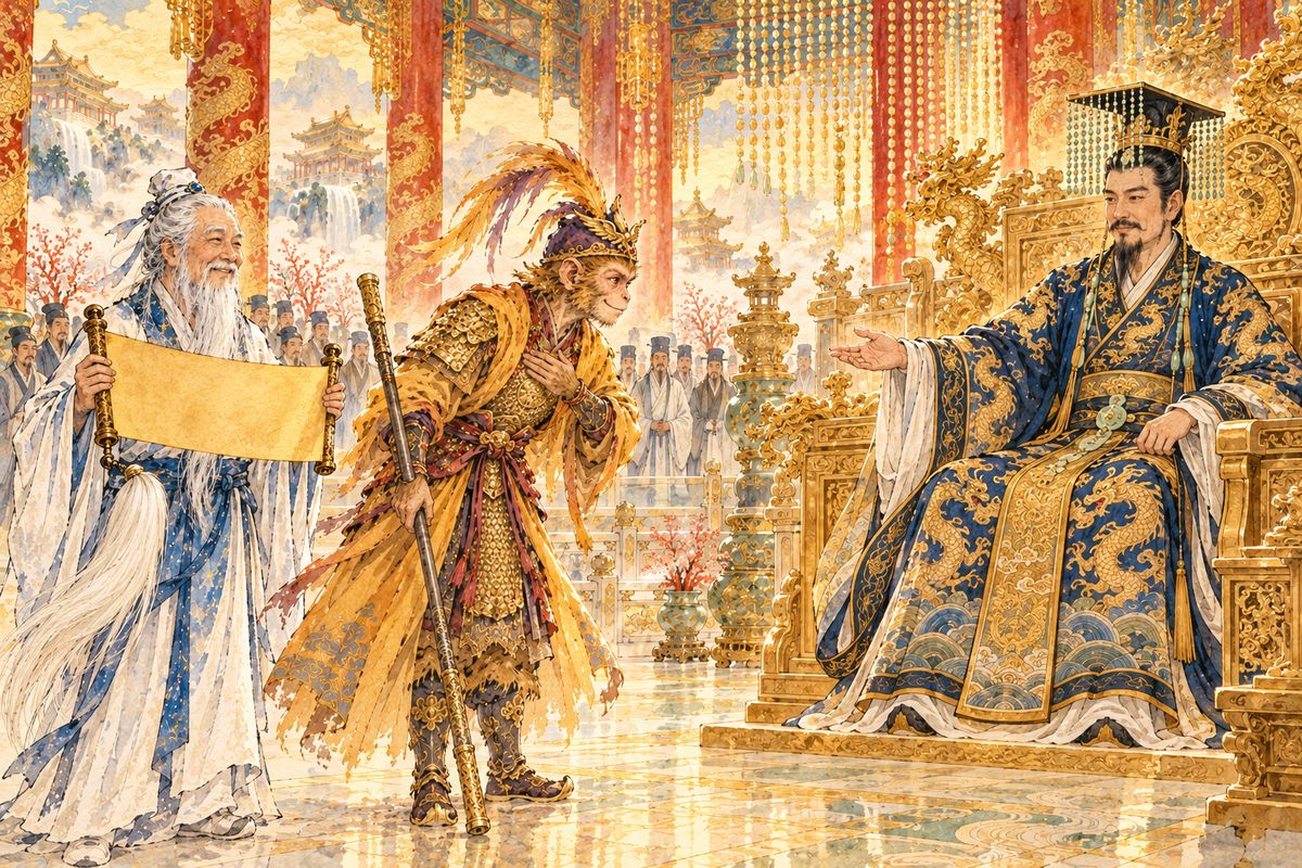 Gold Star Taibai persuaded the Jade Emperor to grant the title without salary or duties. Wukong returned to Heaven, gave only a brief bow, and was named Great Sage Equal to Heaven, with a new mansion beside the Peach Garden.