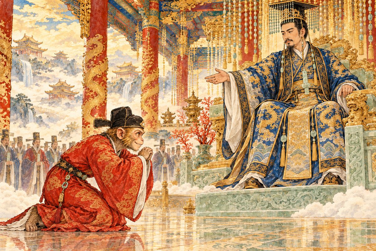 Worried that the idle Great Sage would make trouble, the Jade Emperor gave him a job: keeping the Peach Garden of Heaven. Wukong bowed his thanks and rushed off to inspect it at once.