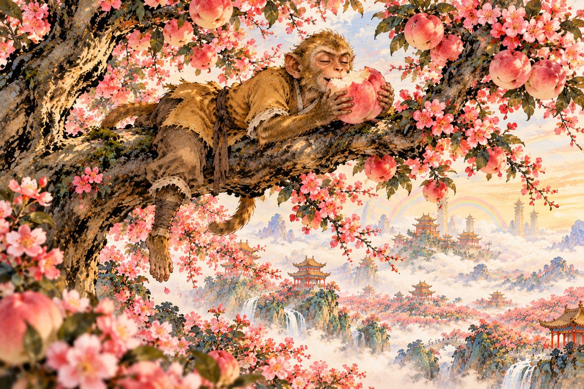 The garden god explained that some peaches ripened once in nine thousand years and made the eater live as long as Heaven and Earth. One day Wukong sent his attendants away, climbed a tree, and feasted.