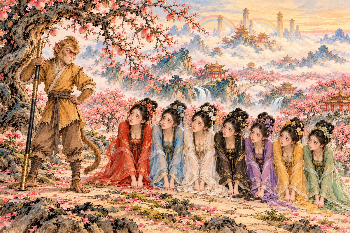 When the Queen Mother's seven fairies came to pick peaches for her banquet, they woke Wukong, asleep as a tiny figure in the leaves. He learned the guest list included every great immortal, but nobody had mentioned him.