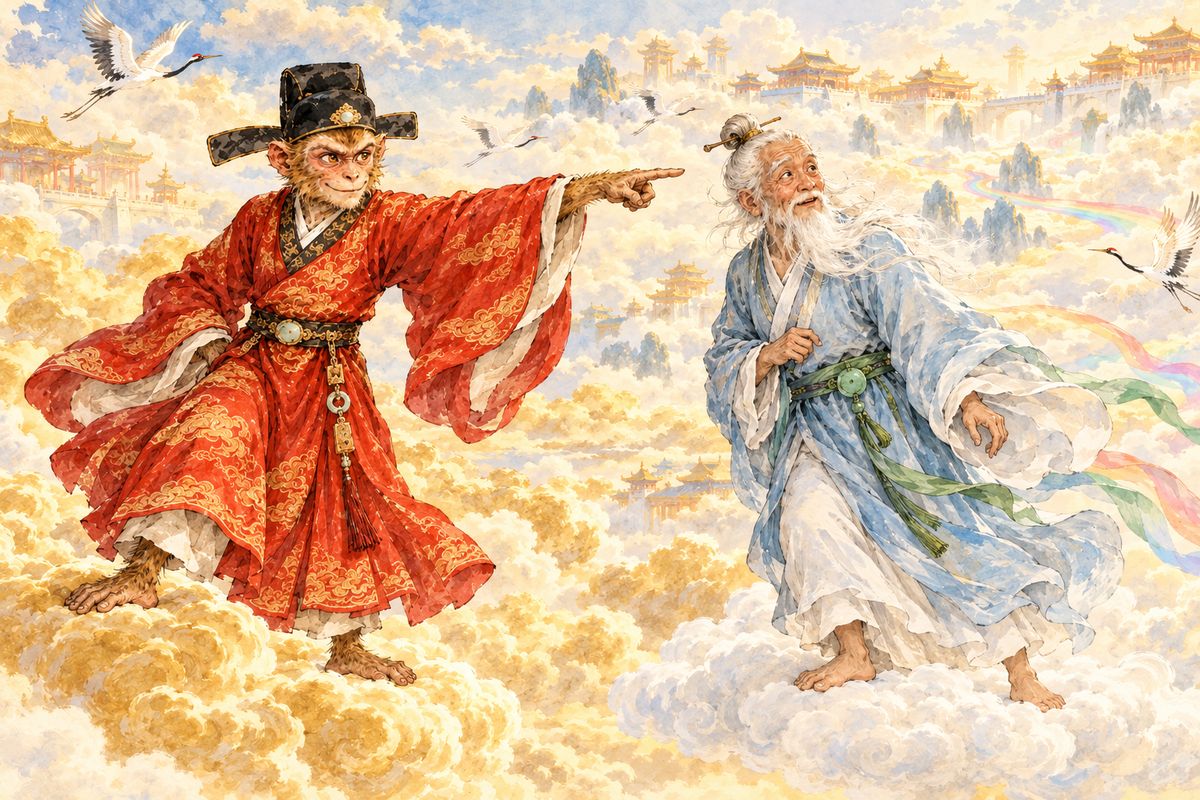 Wukong froze the fairies with a spell and flew off. On the road he lied to the Barefoot Immortal, sending him to the wrong palace, then took his shape and walked into the empty banquet hall.