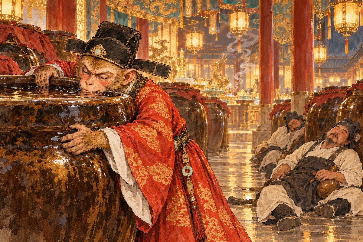 Smelling fine wine, Wukong turned hairs into sleep-insects that sent the brewers nodding. Then he gobbled the delicacies and drank straight from the jars until he was thoroughly drunk.