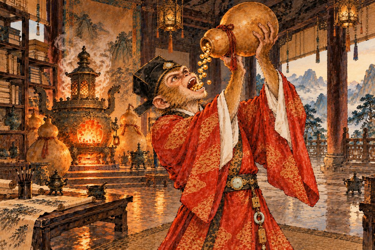 Staggering home, Wukong lost his way and wandered into Laozi's Tushita Palace. Laozi was away lecturing, so Wukong emptied five gourds of golden elixir pills and ate them all like roasted beans.