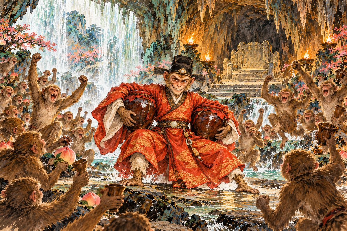 Sober and suddenly afraid, Wukong fled to Flower-Fruit Mountain. His monkeys' coconut wine now tasted awful, so he slipped back to Heaven and carried off four jars of immortal wine for a party.