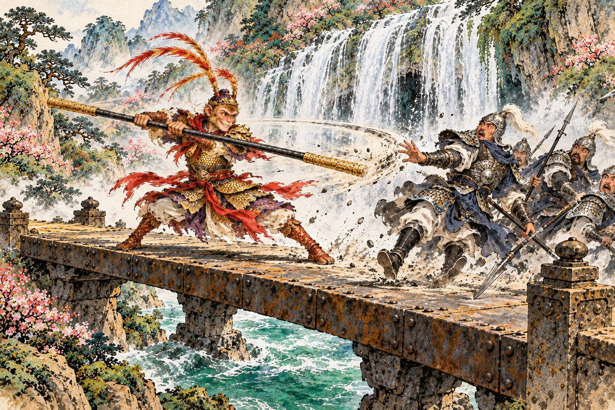 Furious at the complaints, the Jade Emperor sent a hundred thousand heavenly soldiers to surround the mountain. Wukong cheerfully admitted every theft to the Nine Luminaries, then beat them back with his staff.