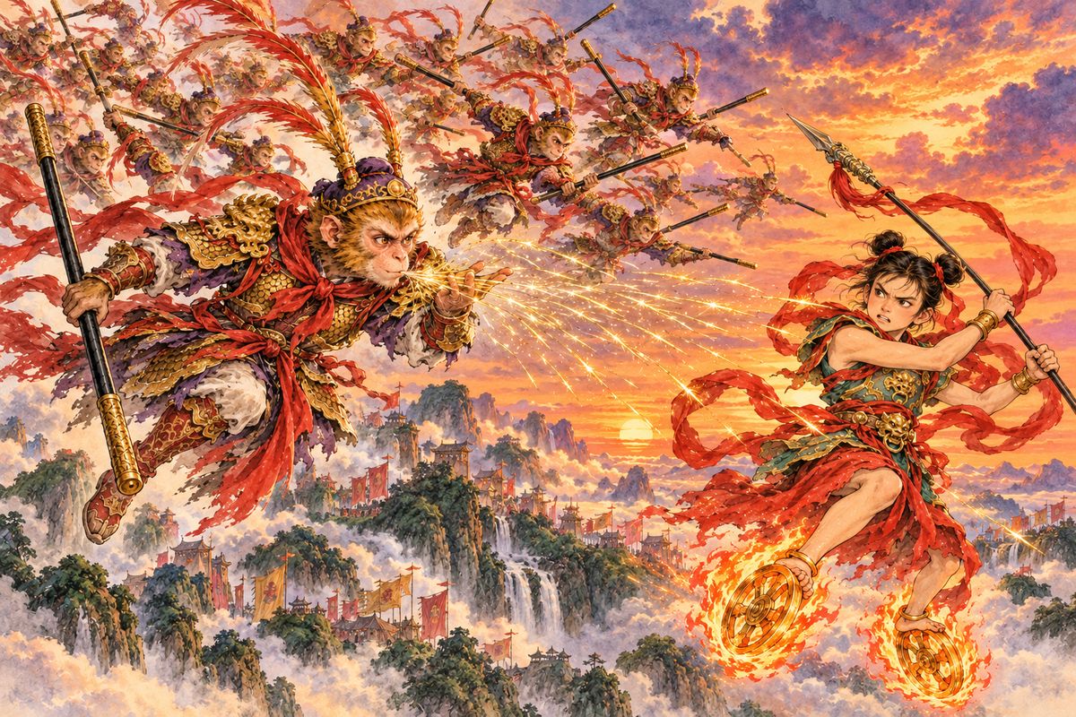 The battle raged until sunset, and Heaven captured the seventy-two demon kings. Then Wukong chewed a mouthful of hairs, spat out hundreds of fighting copies of himself, and routed Nezha and the Heavenly Kings.
