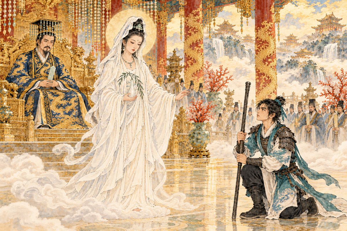 Guanyin arrived for the Peach Banquet and found the tables wrecked. In the Hall of Divine Mists, the Jade Emperor told Guanyin of the monkey's crimes, and Guanyin sent the disciple Hui'an down to scout the battle.