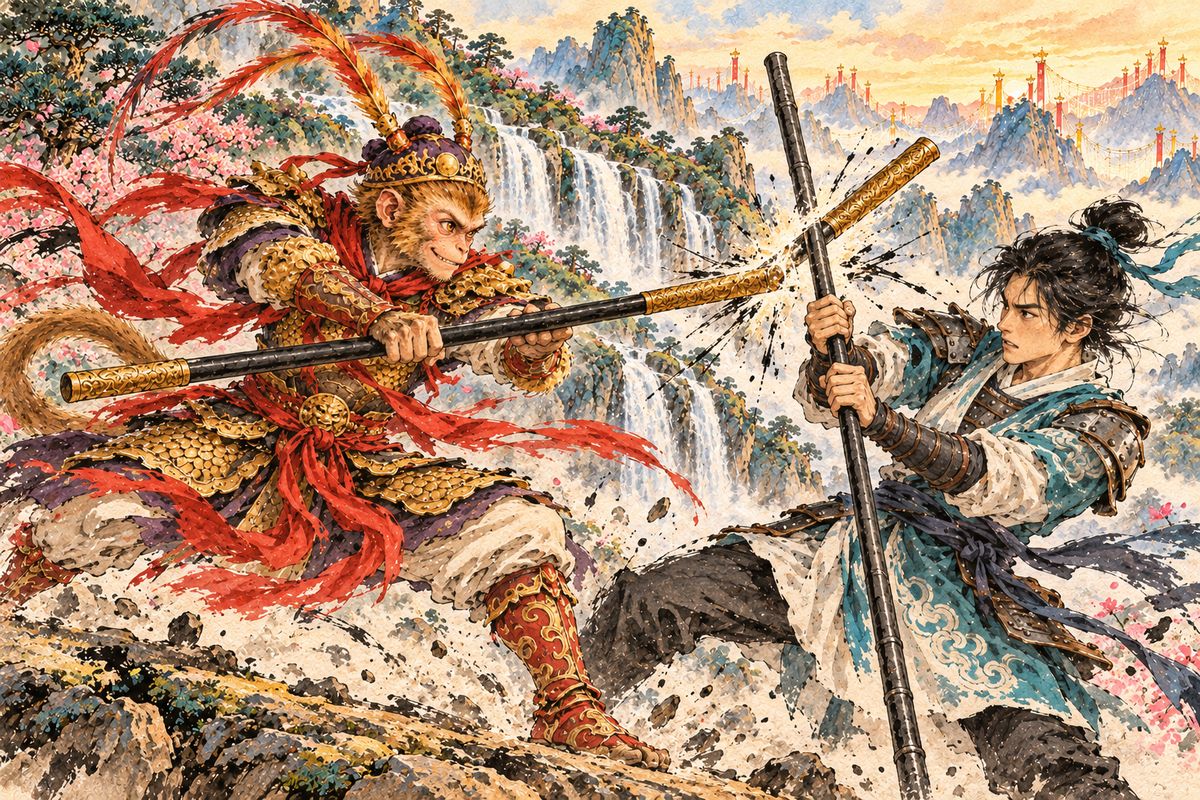 Hui'an, also called Muzha, passed through Heaven's huge army surrounding Flower-Fruit Mountain. He challenged the Great Sage, but after fifty or sixty rounds his arms ached, and he fled back to camp to beg for help.