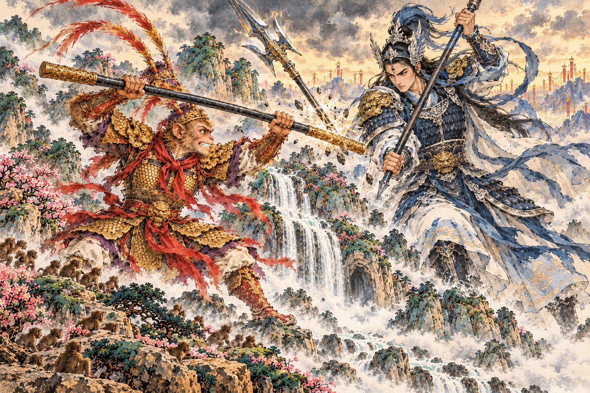 Guanyin advised the Jade Emperor to summon his nephew, Erlang Shen. Erlang marched to the mountain and fought Wukong for over three hundred rounds. Both grew as tall as mountains, while Erlang's sworn brothers scattered the monkey army.