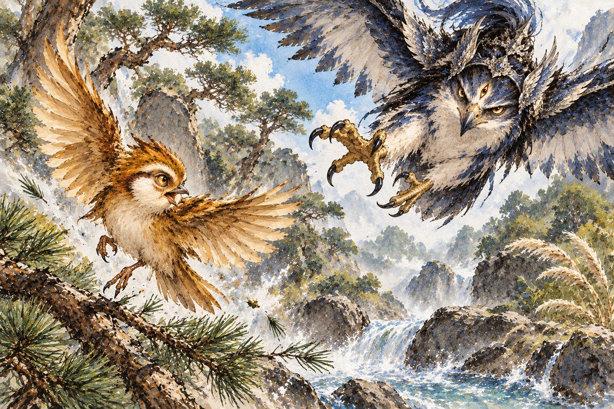 Seeing his monkeys flee, Wukong shrank his staff into a needle and became a sparrow. Erlang became a hawk. The chase raced on: cormorant against crane, fish against fish hawk, water snake against grey crane.
