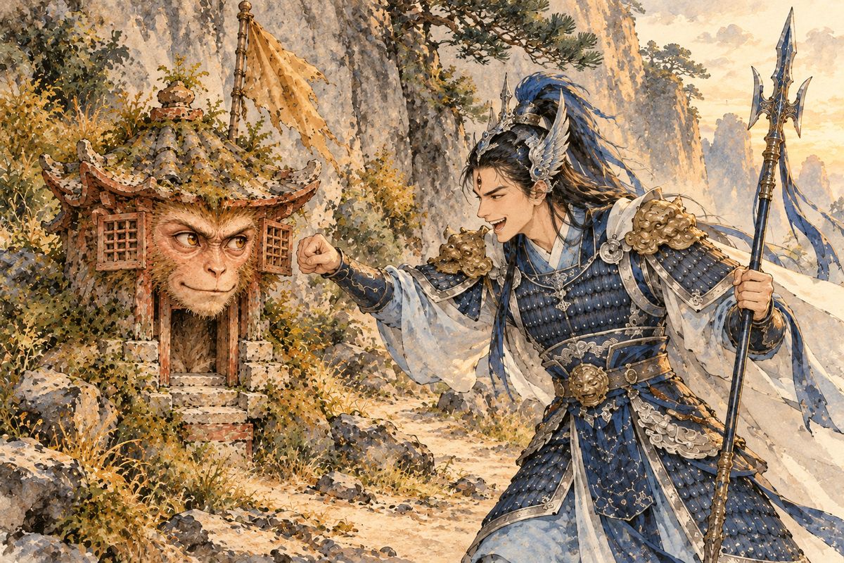 Knocked down by Erlang's slingshot pellet, Wukong became a little roadside temple, but his tail stuck up behind as a flagpole. Erlang laughed at the giveaway and threatened to smash the windows, Wukong's eyes, so the monkey sprang away.