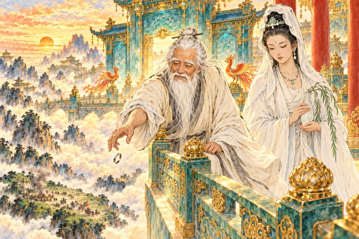 Wukong fled to Erlang's own temple disguised as Erlang, but the real Erlang chased him back to the mountain. Watching from the South Gate of Heaven, Laozi dropped his steel Diamond Snare toward the monkey's head.