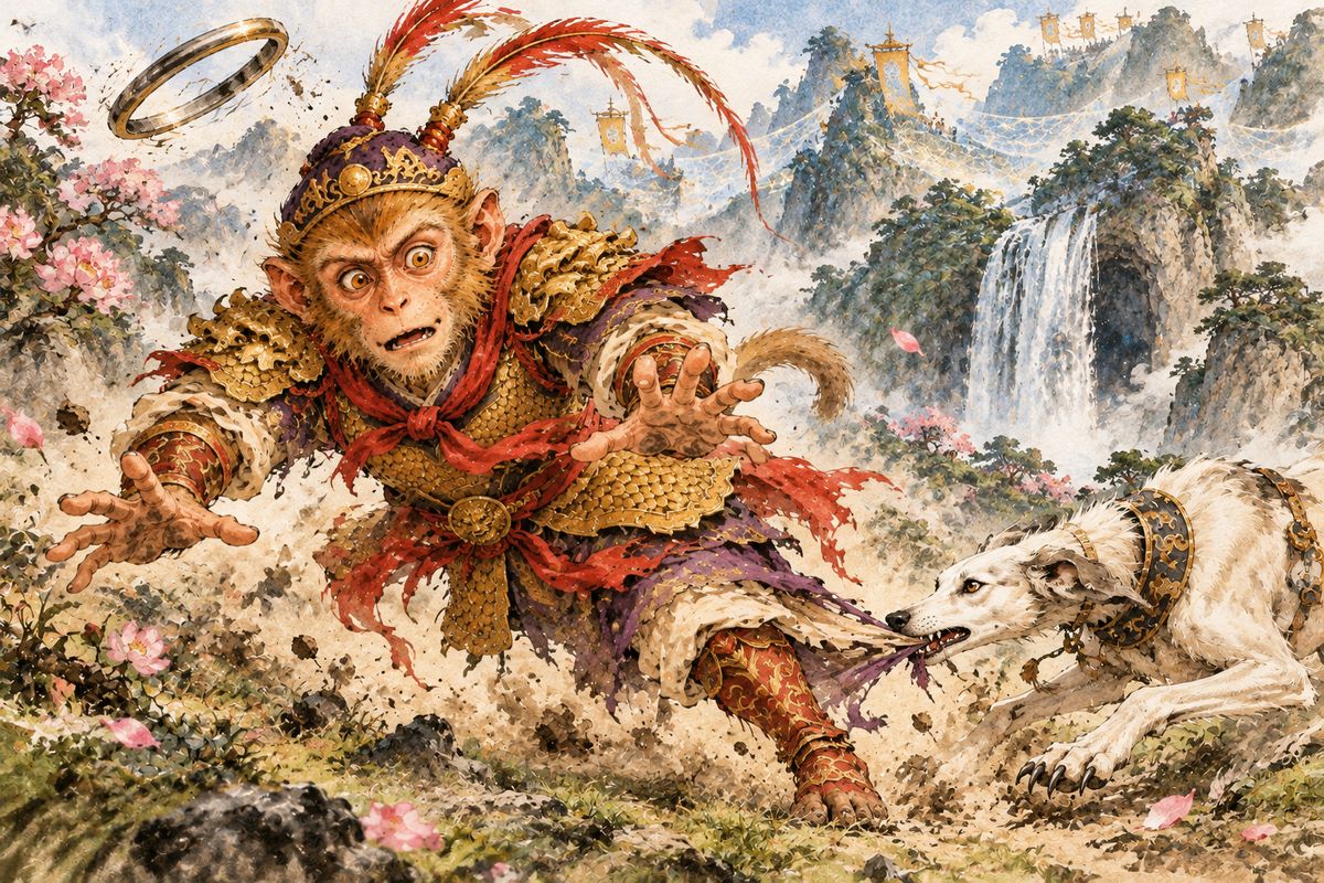 The snare struck Wukong's head and knocked him over. Erlang's hound bit his leg, and the seven brothers pinned him and tied him up so he could no longer change shape. The Jade Emperor ordered the rebel executed.