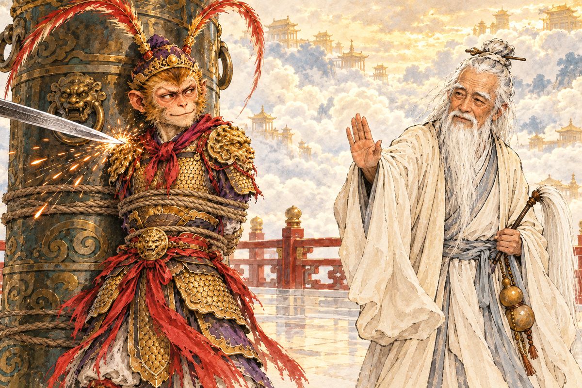 Heaven's soldiers bound Wukong to the demon-slaying pillar, but blades, fire and thunderbolts could not harm him. Laozi explained that the stolen elixirs had made his body hard as diamond, and asked to refine him in his furnace.