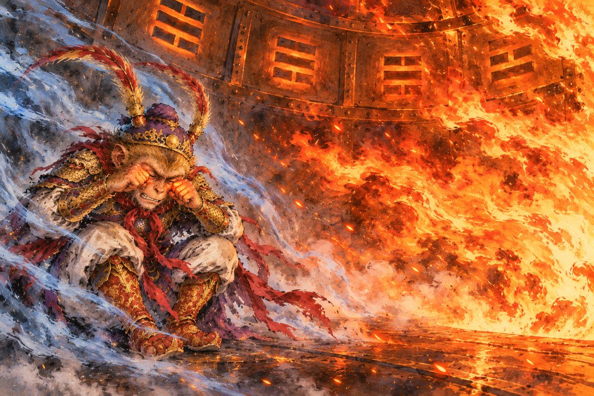 Laozi pushed Wukong into the Eight Trigrams Furnace. Wukong hid under the Xun trigram, the place of wind, where no fire could reach. The smoke still reddened his eyes, giving him his famous fiery golden eyes.