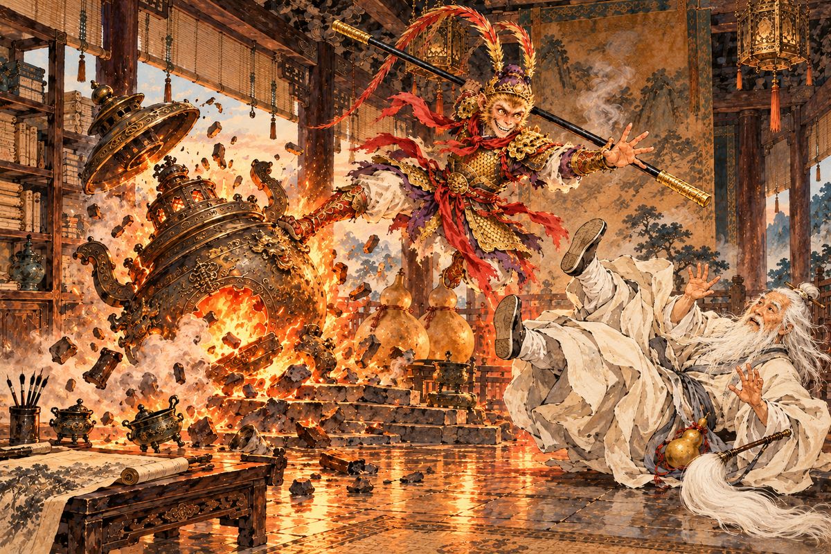 After forty-nine days, Laozi opened the furnace. Wukong sprang out, kicked the great furnace over and knocked down every attendant who grabbed him. When Laozi seized him, Wukong flung the old sage headfirst and escaped.