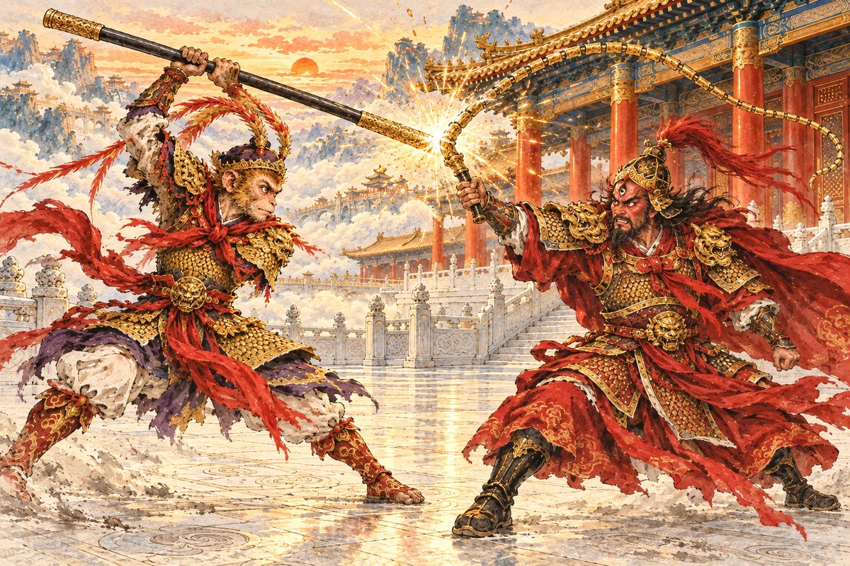 Wukong pulled his staff from his ear and rampaged through Heaven until no god could stand against him. Outside the Hall of Divine Mists, Wang Lingguan blocked his way with a golden whip, and they fought without either winning.