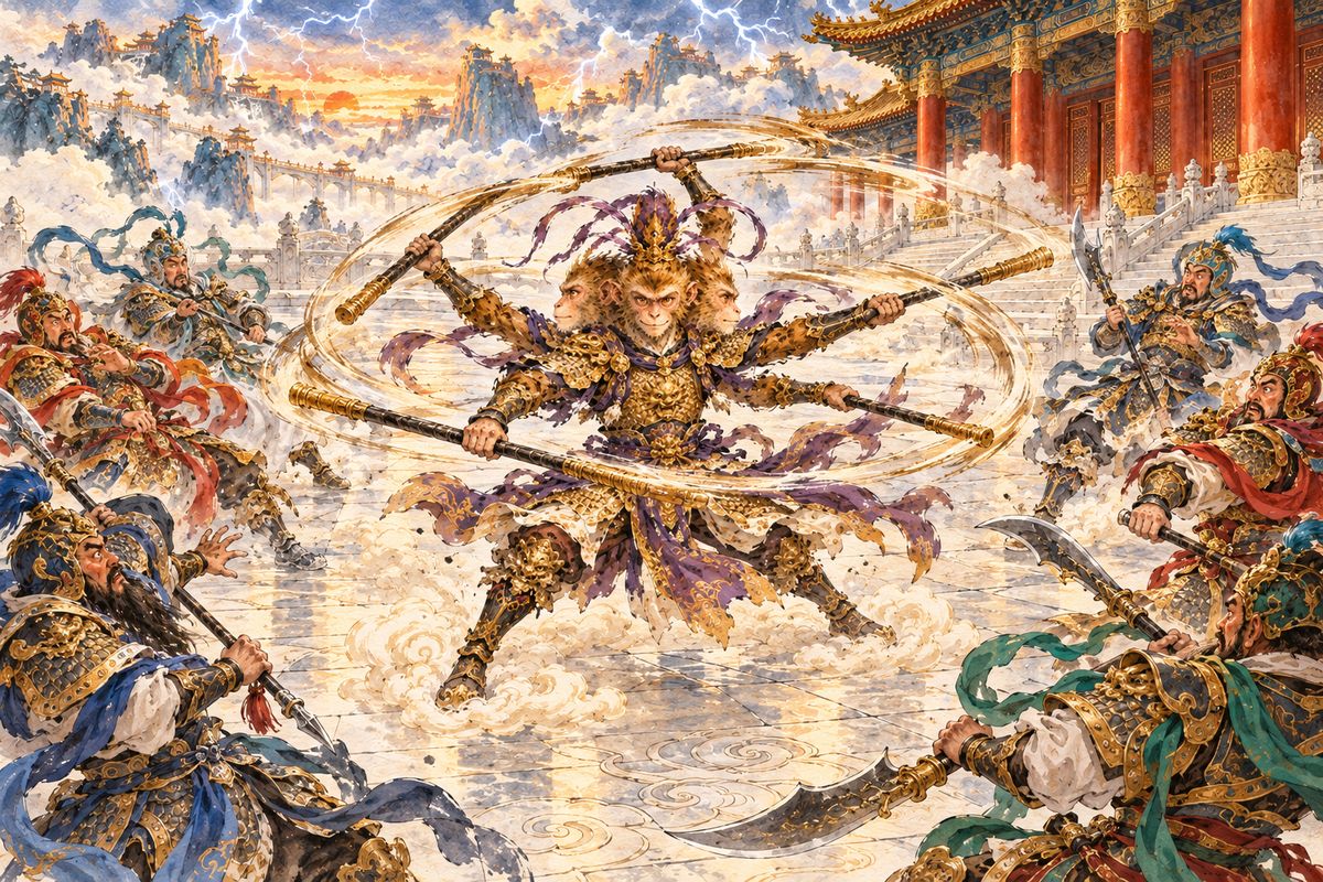 Thirty-six thunder generals surrounded Wukong. He changed into a figure with three heads and six arms, spinning three staffs like a whirling wheel, and no one could get near. The worried Jade Emperor sent messengers to fetch the Buddha.
