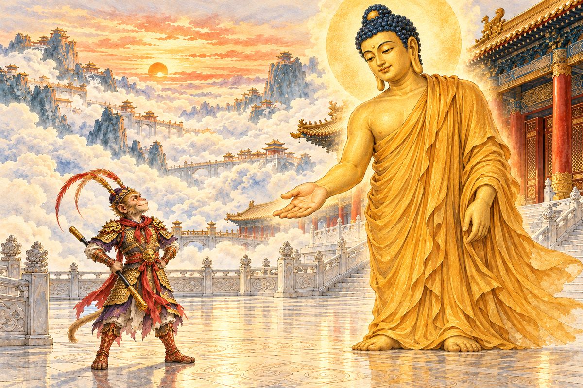 The Buddha halted the battle and asked why Wukong was so violent. Wukong boasted that the strongest should rule Heaven. The Buddha offered a wager: if Wukong could leap out of his right palm, Heaven would be his.