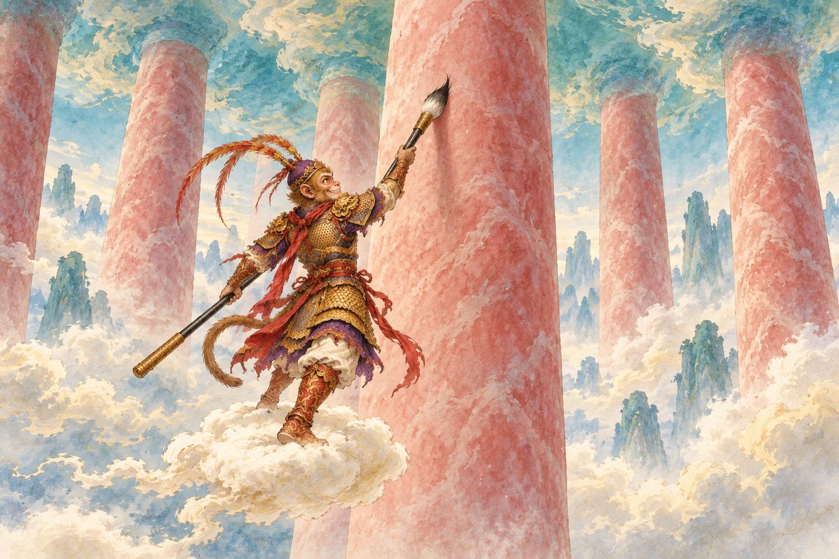 Wukong somersaulted away until he saw five pink pillars holding up a blue mist. Thinking he had reached the end of the world, he turned a hair into a brush and wrote 'The Great Sage Equal to Heaven was here' on the middle pillar.