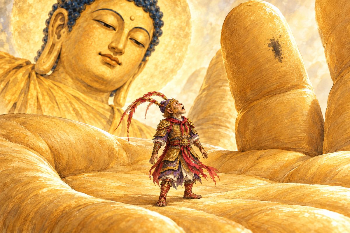 Wukong returned to the palm and demanded Heaven. The Buddha told him to look down. There, on the Buddha's middle finger, was Wukong's own writing. He had never left the palm at all. Stunned, he refused to believe it.