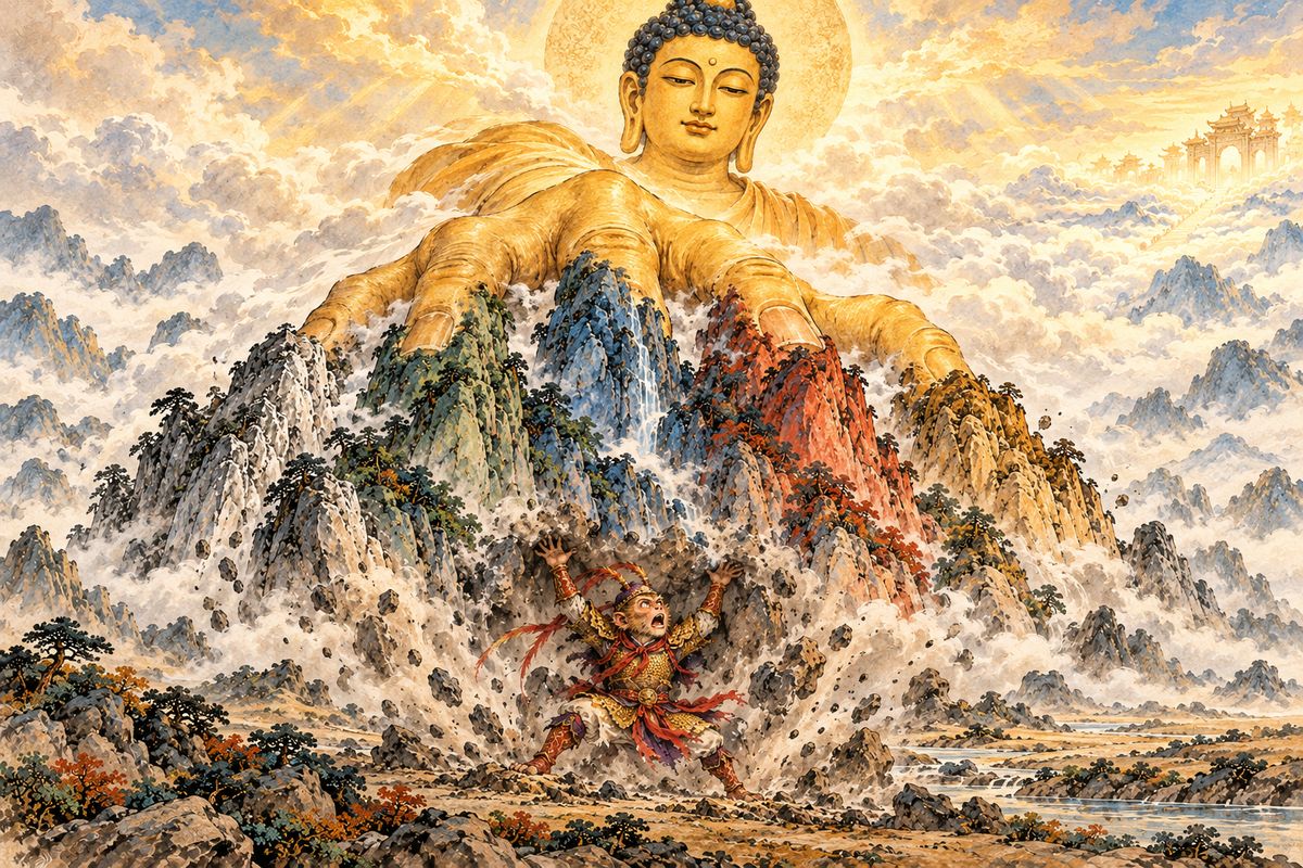 Wukong tried to leap away again, but the Buddha turned his hand over and pushed him out of Heaven's western gate. His five fingers became five joined peaks, the Five Elements Mountain, pinning the monkey beneath.