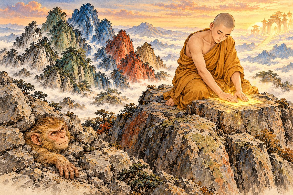 Heaven held a Great Feast of Peace to thank the Buddha. When Wukong pushed his head out, Ananda sealed the summit with a golden charm. An earth god guarded him, feeding him iron pellets and molten copper until a rescuer should come.