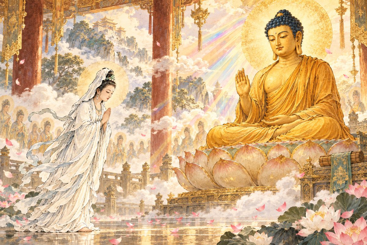 Back on Vulture Peak, the Buddha declared that the people of the southern continent needed his three baskets of true scriptures. A pilgrim would have to walk all the way west to fetch them. Guanyin bowed and volunteered to find one.