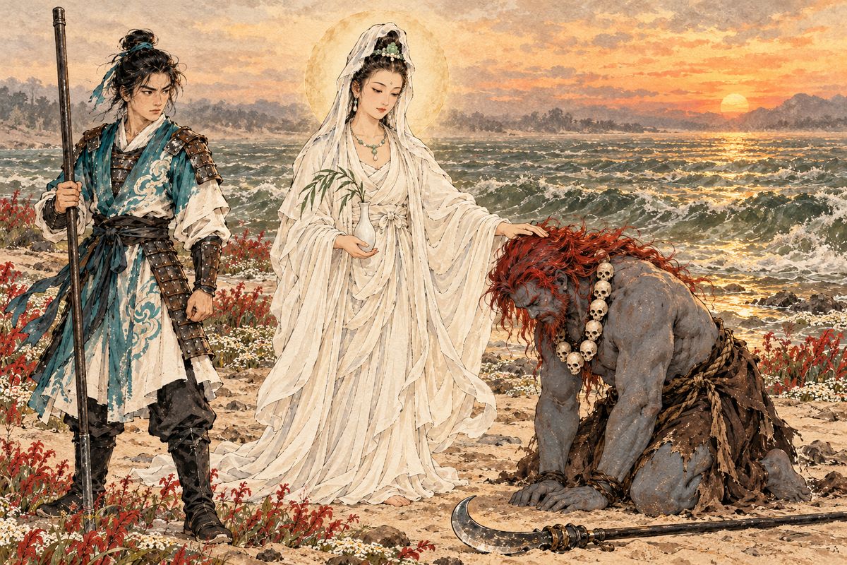 Travelling east with her disciple Huian, Guanyin met a river ogre at Flowing Sands, a pig-faced fallen marshal, and a condemned dragon prince. Each repented and vowed to serve the future pilgrim. The ogre was named Sha Wujing, and the marshal Zhu Wuneng.