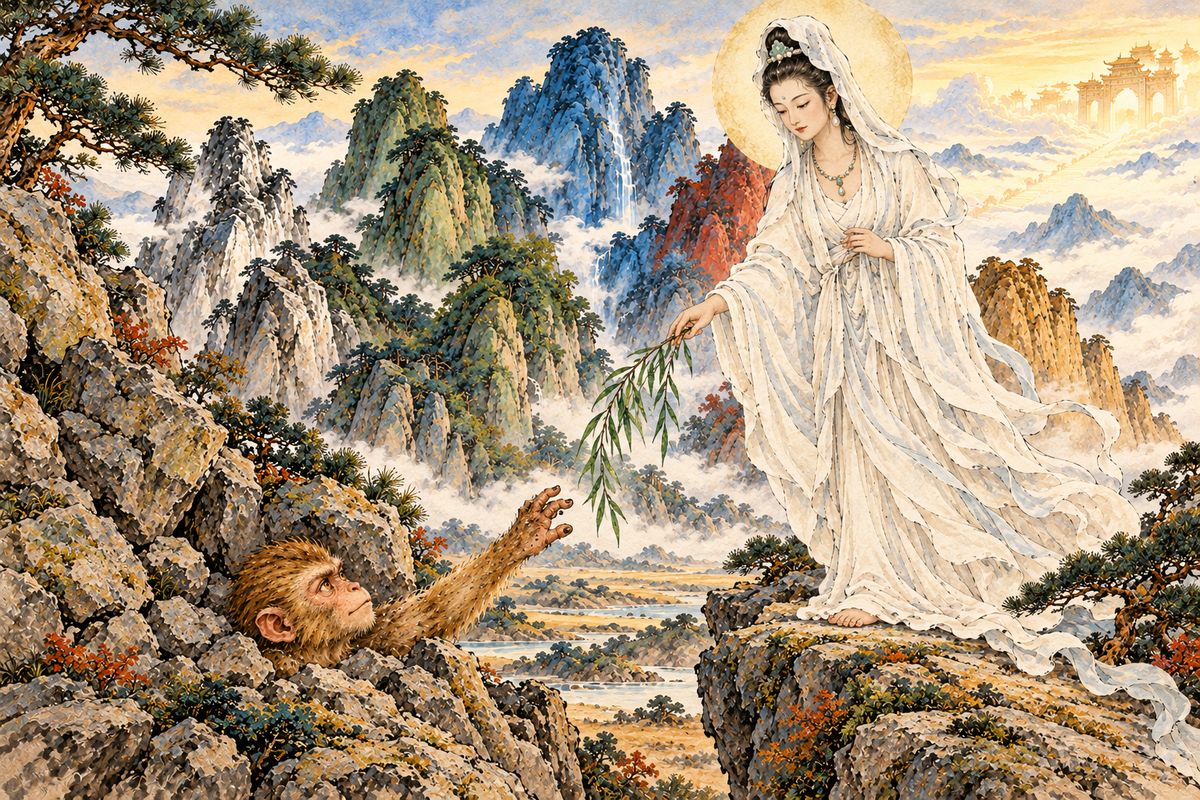 At Five Elements Mountain, Guanyin found Sun Wukong still trapped after five hundred years. He begged for help and promised to repent, so she told him to wait for a pilgrim from Tang China. Then she slipped into Chang'an in disguise.