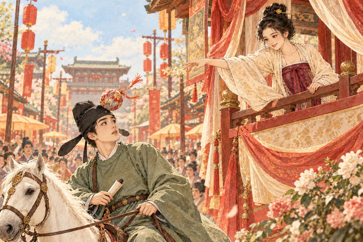 In the Tang capital, the young scholar Chen Guangrui came first in the imperial exams. As he rode in the victory parade, Yin Wenjiao, a chancellor's daughter, tossed her embroidered ball from a pavilion and struck his hat, choosing him as husband.