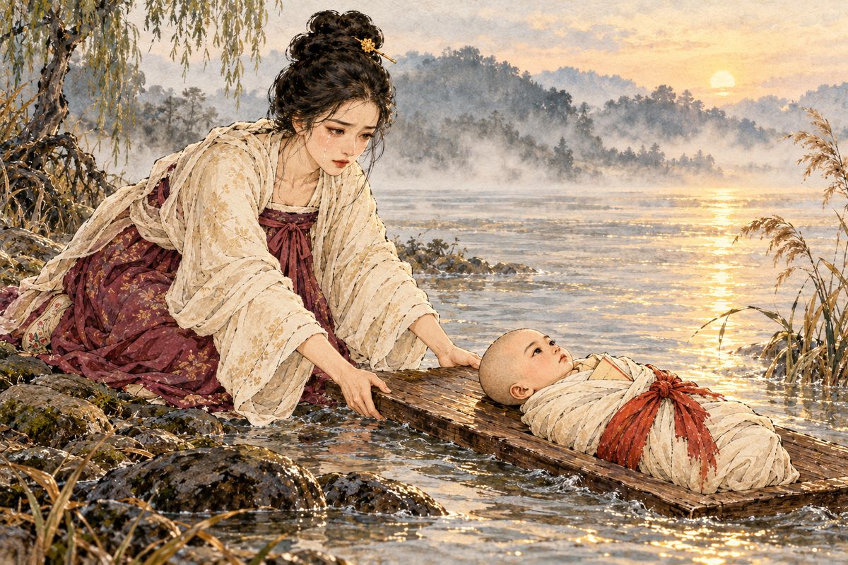 On the way to his new post, the boatman Liu Hong killed Chen and seized his wife and office. Wenjiao later bore a son. To save him, she tied him to a plank with a blood-written letter and set him adrift.