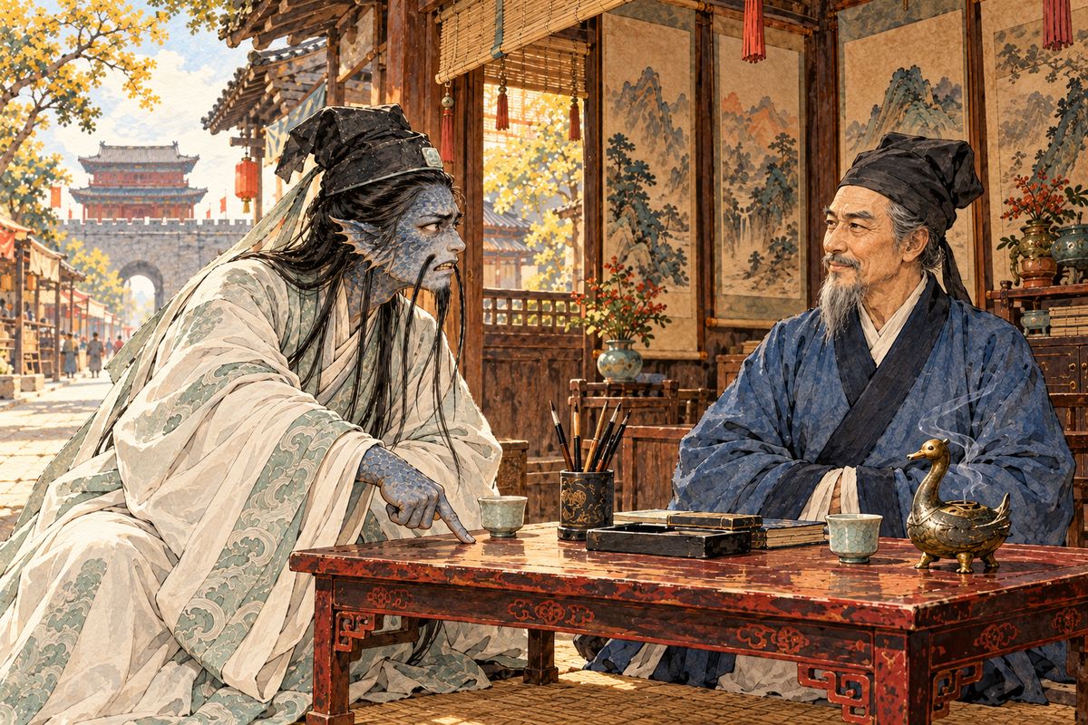 Hearing that a fortune-teller's forecasts never failed, the Jing River Dragon King disguised himself as a white-robed scholar and visited Yuan Shoucheng in Chang'an. Yuan predicted tomorrow's rain exactly, and the dragon wagered against him.