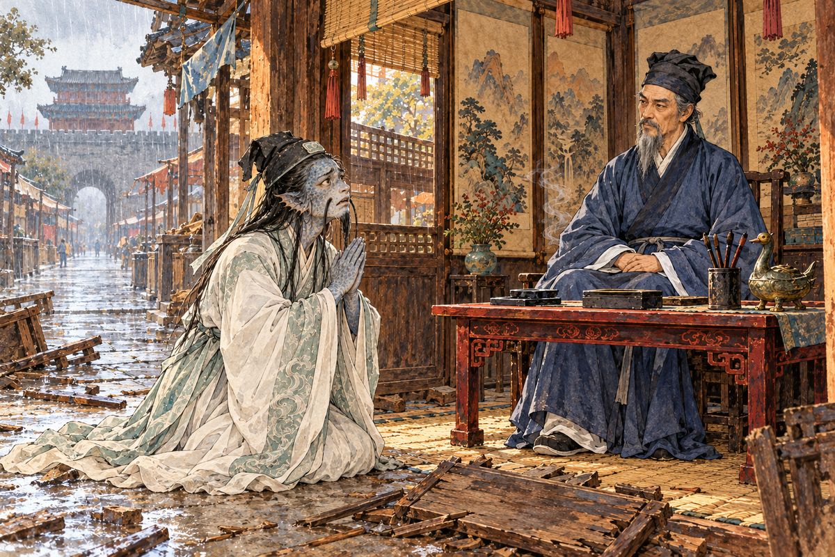Heaven then ordered that very rain. To win, the dragon changed its hour and amount, then smashed Yuan's shop. Yuan calmly unmasked him: he had broken Heaven's law, would be executed by minister Wei Zheng, and should beg Emperor Taizong for help.