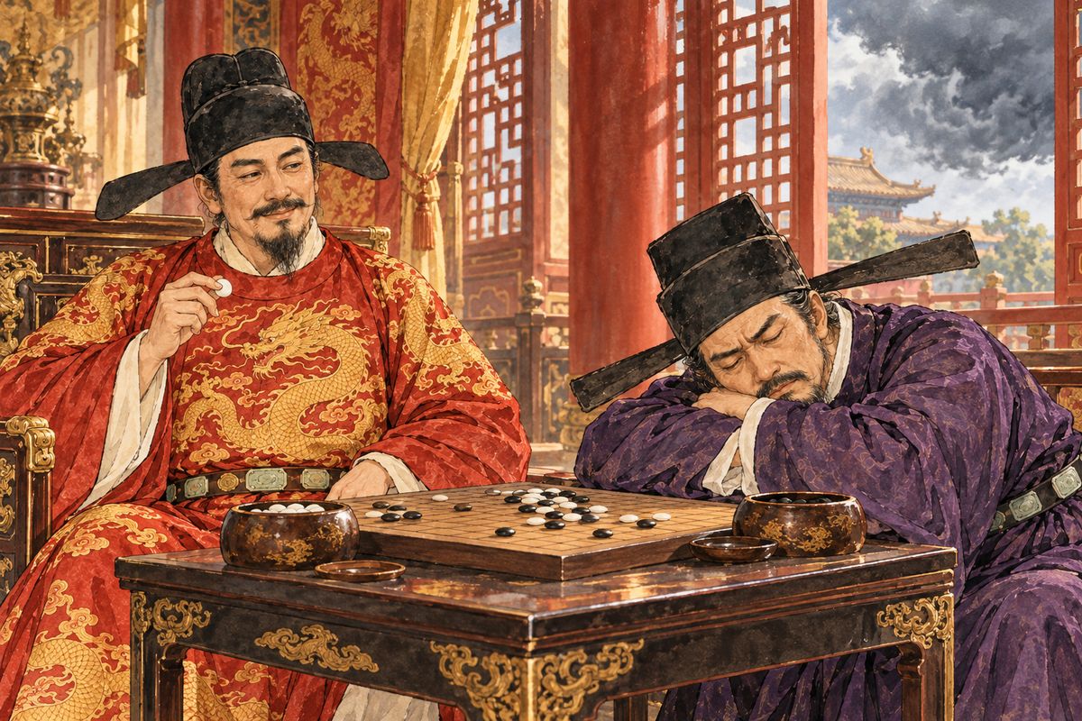 In a dream, Taizong promised to save the pleading dragon and kept Wei Zheng beside him at chess. But Wei Zheng dozed over the board, and in his dream carried out Heaven's sentence. The dragon's head fell from the clouds.