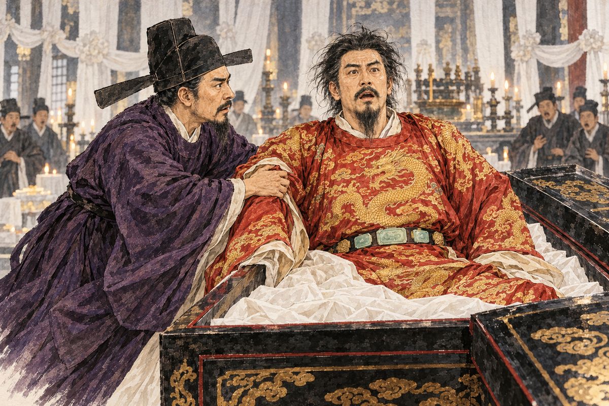 Guided past the suffering souls, Taizong promised a great Mass for the lost dead. He returned to life inside his own coffin, then pardoned prisoners, freed palace women, and prepared to keep his promise.